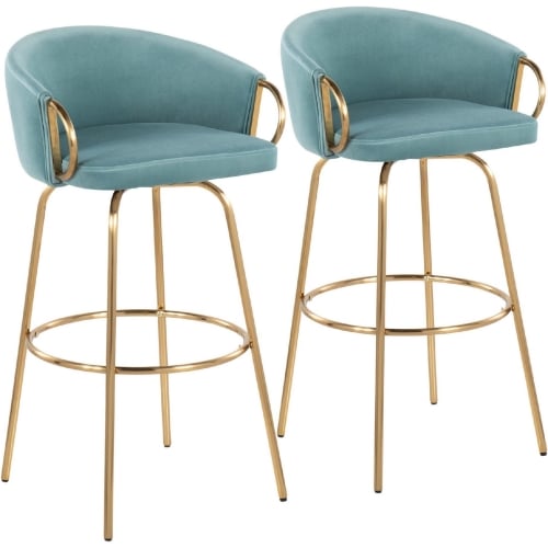 Claire 30" Bar Stool in Light Blue Velvet, Gold & Gold Footrest (Set of 2)